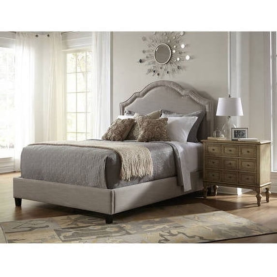 Queen Shaped Nailhead Upholstered Bed, Taupe
