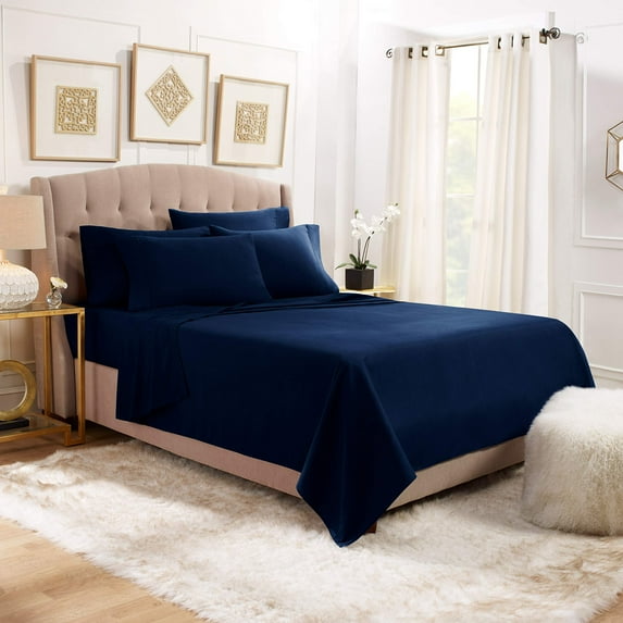 Queen Sheet Set 4 Piece Egyptian Cotton Navy Blue Bed Sheet Set ( Flat Sheet + Fitted 18'' + 2 Pillow Cases ) 1000 Series Bedding Sheet Set Queen Size Bed