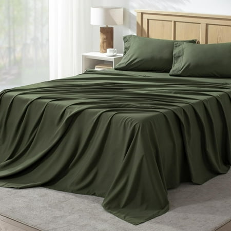 Queen Sheet Set 4 Pieces, Dark Olive Green Super Soft Sheets for Queen Size Bed, Microfiber Queen Sheet, Deep Pocket Up to 16", Hotel Luxury Breathable & Cooling Bed Sheet Set