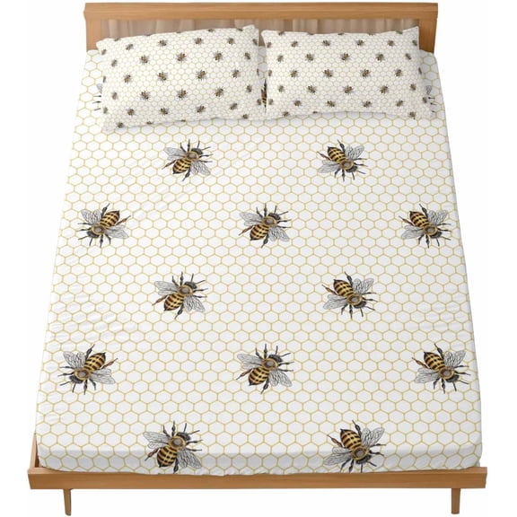 Queen Sheet Set Bee Hive Bed Sheets Set with 16 Inch Deep Pockets Spring Pastoral Lines Soft Luxury Hotel Bedding Sheets for All Season with Elastic Corner Straps