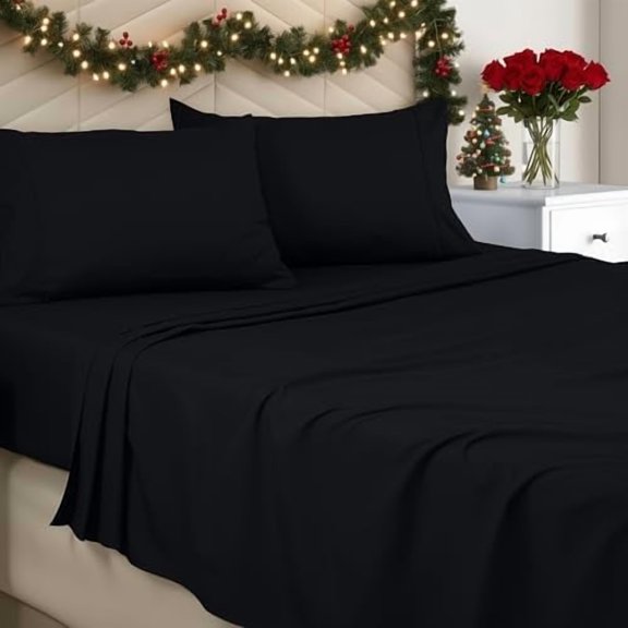 Queen Sheet Set - Brushed Microfiber - Soft Bed Sheets for Queen Size Bed Set - Includes 1 Fitted, 1 Flat, & 2 Pillow Cases - Deep Pocket (Black)