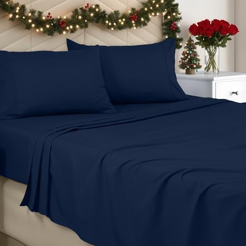 Queen Sheet Set - Brushed Microfiber - Soft Bed Sheets for Queen Size Bed Set - Includes 1 Fitted, 1 Flat, & 2 Pillow Cases - Deep Pocket (Navy)