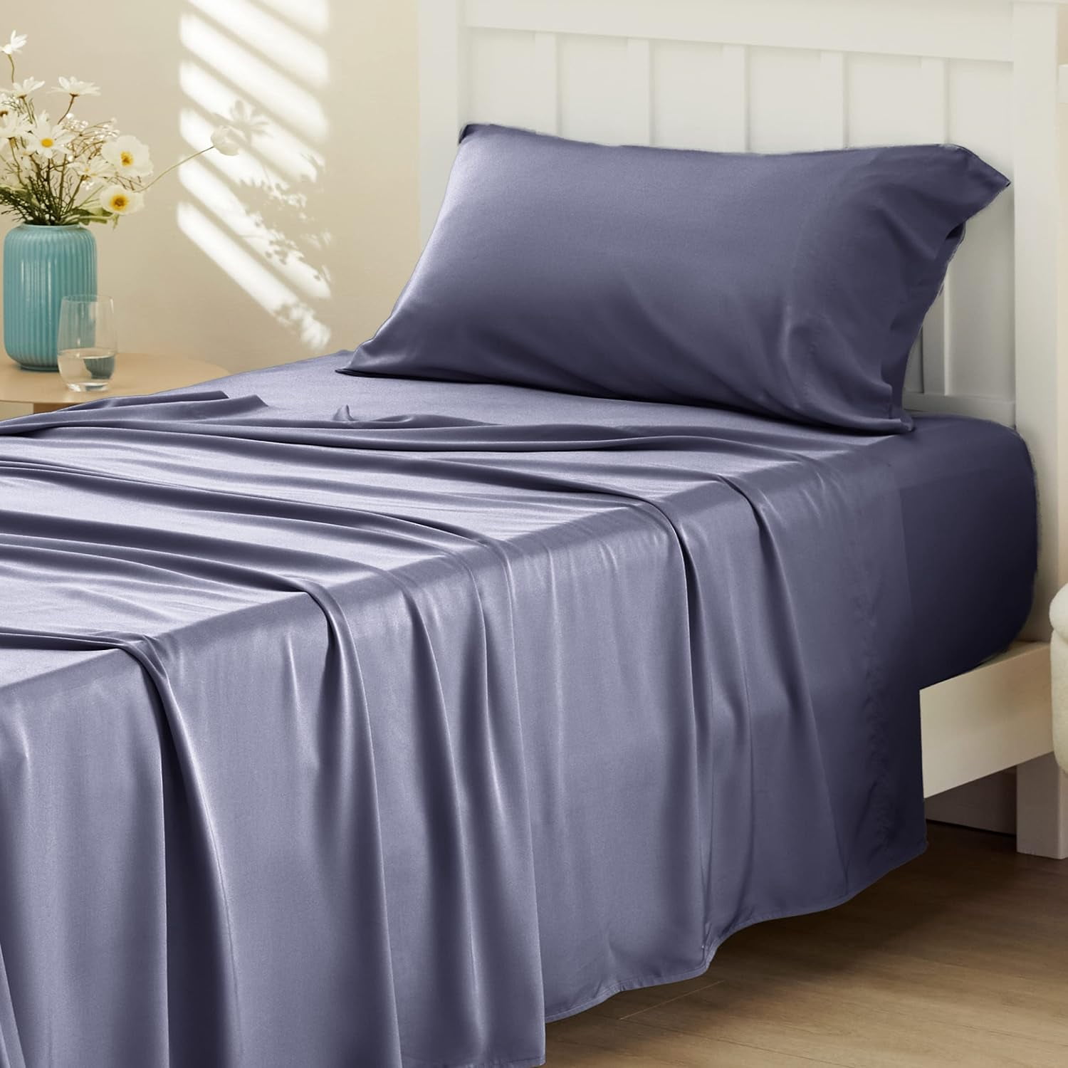 Queen Sheet Set, Cooling Sheets for Queen Size Bed Set, Rayon Derived from Bamboo, PureWoven, Breathable & Soft, Deep Pocket Up to 16", Hotel Luxury Silky Bedding for Hot Sleepers, Dark Grey