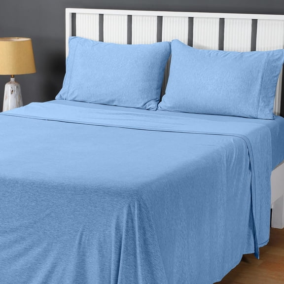 Queen Sheet Set - Jersey Knit Sheets 4 Piece Cotton Soft T-Shirt Stretchy (Heather Sky Blue)