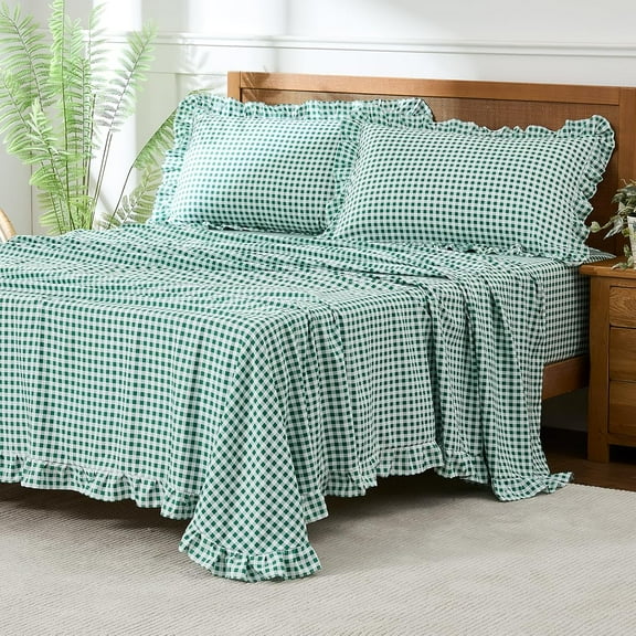 Queen Sheet Set, Lightweight Super Soft Brushed Microfiber Plaid Bed Sheets with 16" Deep Pocket, 4 Piece Ruffle Farmhouse Bedroom Decor, Green