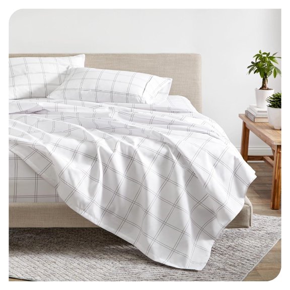 Queen Sheet Set - Luxury 1800 Ultra-Soft Microfiber Bed Sheets - Double Brushed - Deep Pockets - Easy Fit - 4 Piece Set - Queen, Modern Plaid - White/Grey