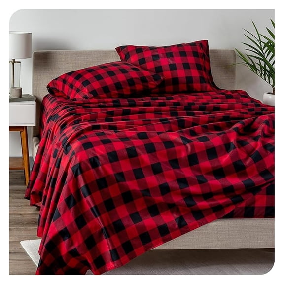 Queen Sheet Set - Luxury 1800 Ultra-Soft Microfiber Queen Bed Sheets - Double Brushed - Deep Pockets - 4 Piece Set - Bedding Sheets & Pillowcases (Queen, Plaid - Red/Black)