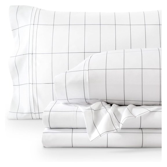 Queen Sheet Set - Luxury 1800 Ultra-Soft Microfiber Queen Bed Sheets - Double Brushed - Deep Pockets - Easy Fit - 4 Piece Set - Bedding Sheets & Pillowcases (Queen, Grid - White/Grey)