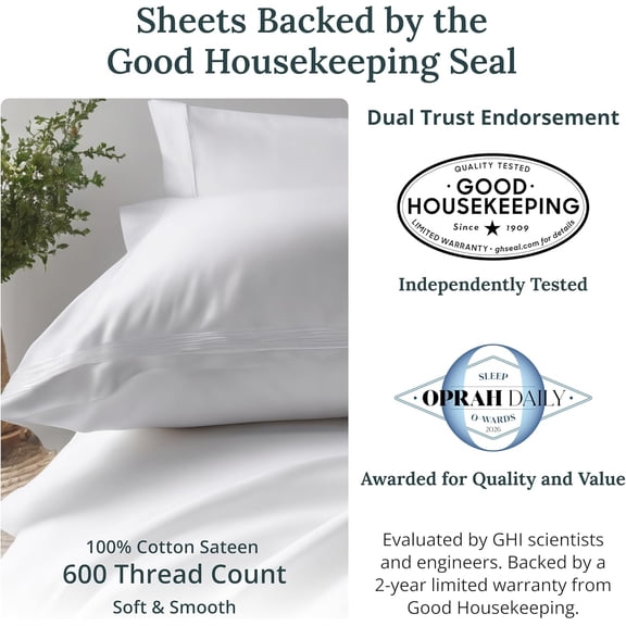 Queen Sheet Set - Luxury 600 Thread Count Sateen, Cotton Deep Pocket Queen Sheets with All Around Elastic, Snug Fit, Bedding Set - White
