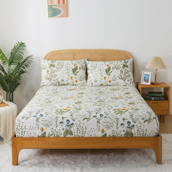 Queen Sheet Set Percale Cotton Green Floral Bed Sheet Set Yellow Flower & Green Leaves Botanical Pattern Printed on White Garden Luxury Crisp Soft Deep Pocket Fitted Sheet 17.5'' 4Pcs