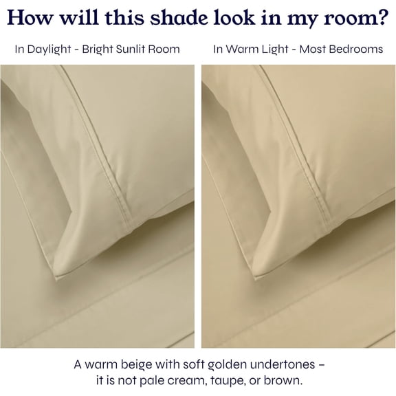 Queen Sheet Set - Soft 400 Thread Count Sateen, 100% Cotton Deep Pocket Bedding, Cooling & Durable - Beige