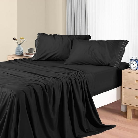 Queen Sheet Set, Ultra Soft Cooling Bed Sheets for Hot Sleepers, Premier Wrinkle Resistant 4 Piece Breathable Queen Sheet Set, Fits up to 16'' Deep Pocket, Black