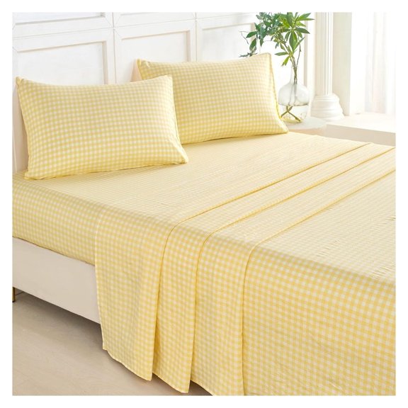 Queen Sheet Set Yellow Gingham 4 Pieces Classic Checkered Plaid Bed Sheets Soft Brushed Microfiber Sheets 16" Deep Pocket Cottage Farmhouse Grid Sheet Set (Yellow, Queen)