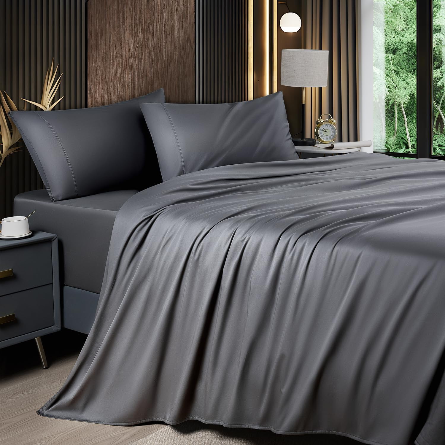 Queen Sheet Sets, Blend Rayon Derived from Bamboo, Breathable & Cooling Bed Sheets 4 Piece, Deep Pocket Up to 16", Hotel Silky Bedding for Hot Sleepers, Dark Grey