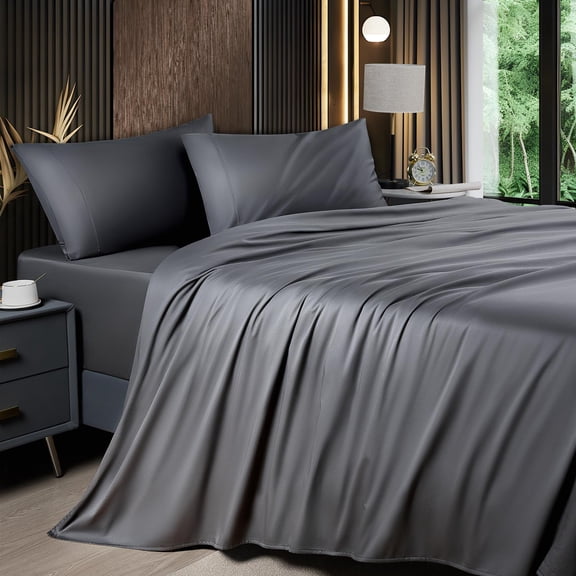 Queen Sheet Sets, Blend Rayon Derived from Bamboo, Breathable & Cooling Bed Sheets 4 Piece, Deep Pocket Up to 16", Hotel Silky Bedding for Hot Sleepers, Dark Grey