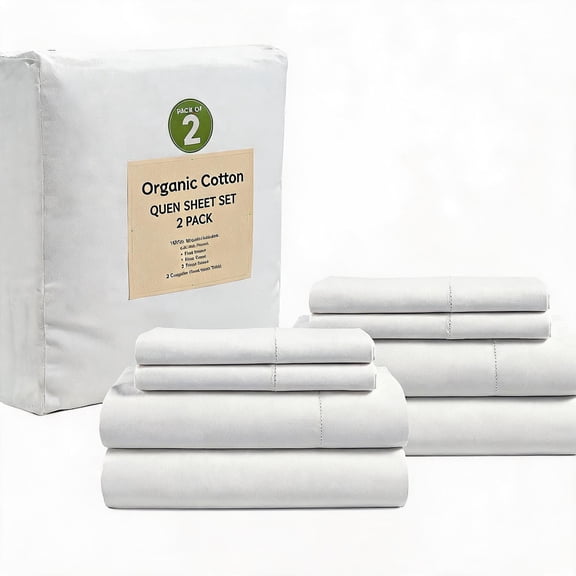 Queen Sheets 100% Organic Cotton Percale Cooling White (Pack of 2)