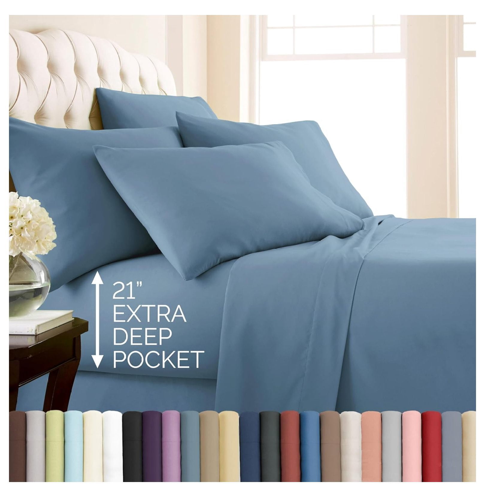 Queen Sheets, Deep Pocket Set, 6-Piece Premium Microfiber Blue Bed ...