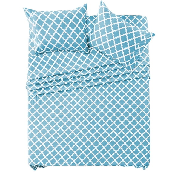 Lux Decor Queen Bed Sheet Set 4 Piece, Soft Microfiber, Deep Pockets - Quatrefoil Pattern, 1 Fitted & 1 Flat Sheet, 2 Pillowcases, Blue