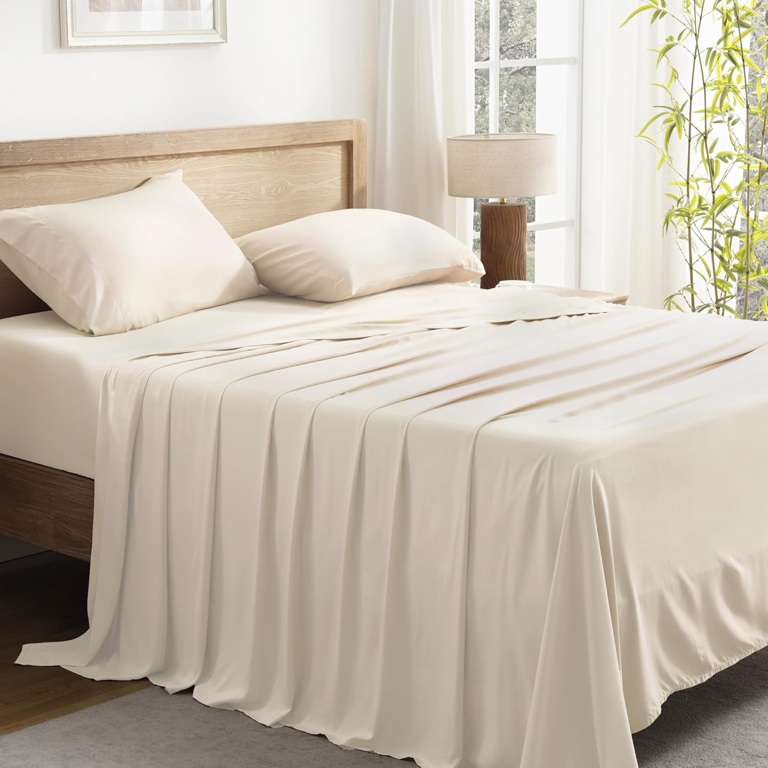 Queen Sheets Set, 100% Viscose Derived from Bamboo, Cooling Summer Bed Sheets Queen Size, Deep Pocket Up to 16", Silky Soft Sheets, Hotel Luxury Breathable Bedding Sheets & Pillowcases, Beige