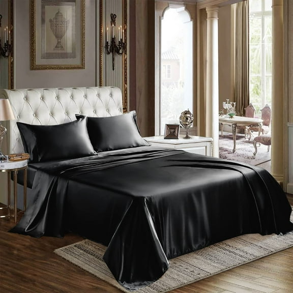 Queen Sheets Set, 4 Piece Luxury Microfiber Bed Sheets, Super Soft and Smooth, Deep Pocket Fitted Sheet for Mattress up to 16 Inch, Includes 1 Flat Sheet 2 Pillowcases, Easy Care, Black