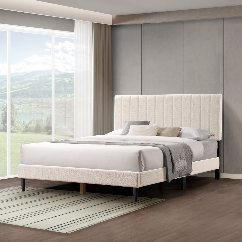 Queen Cream White Boucle Upholstered Platform Bed with Tufted Headboard