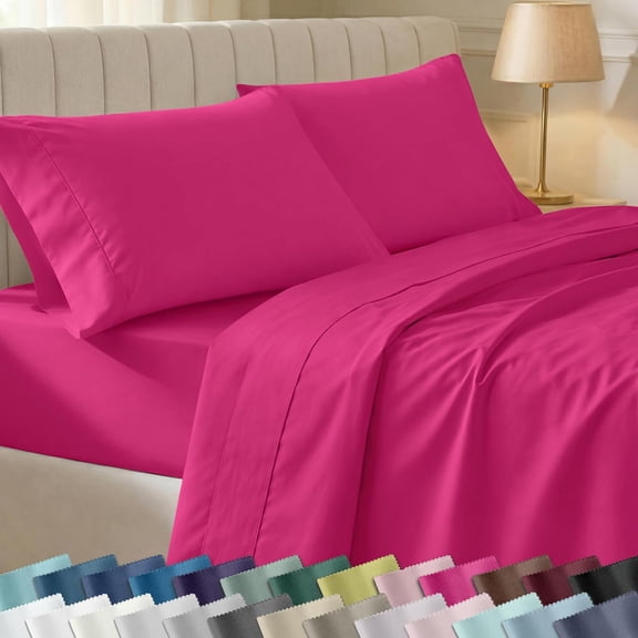 Queen Size 100% Long Staple Cotton Sheet Set 400 Thread Count Silky Sateen Weave Deep Pockets Hot Pink
