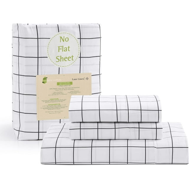 Queen Size 100% Organic Cotton Fitted Sheet & Pillowcase Set, Soft Percale Weave, Breathable, Fits Mattress Up To 15" Deep - Windowpane