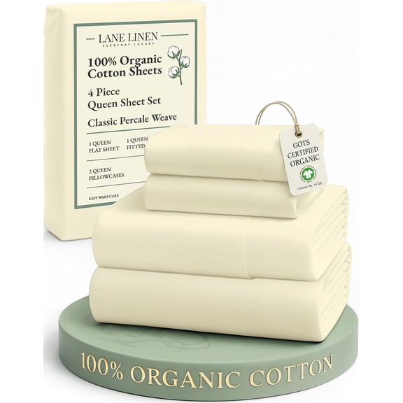 Queen Size 100% Organic Cotton GOTS Certified Percale Sheets Deep Pocket 4 Piece Crisp Vanilla