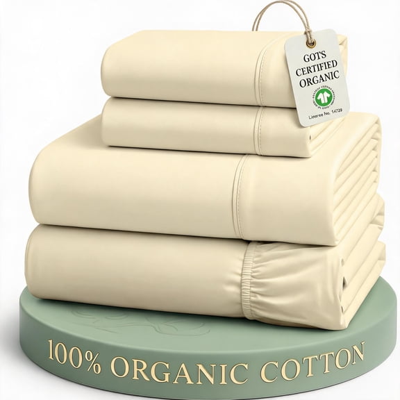 Queen Size 100% Organic Cotton Percale Bed Sheets Set Natural