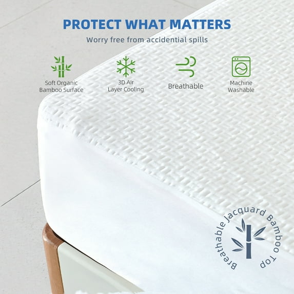 Queen Size 100% Waterproof Mattress Protector, Cooling Bamboo Mattress Cover Fitted 8"-21" Deep Pocket, 3D Air Fabric Soft Breathable bed Mattress Pad Cover Noiseless Washable (White, Queen)
