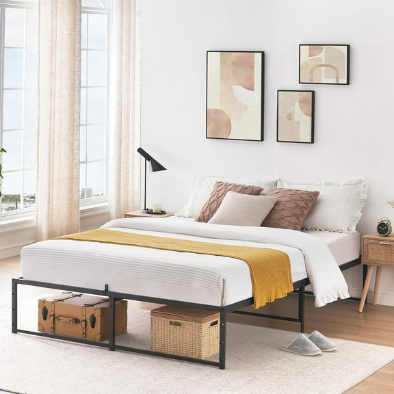 Queen Size 14 Inch Heavy-Duty Metal Bed Frame – Platform Design with Under Bed Storage, 3-in-1 Steel Support Slats, No Box Spring Needed, Easy Assembly
