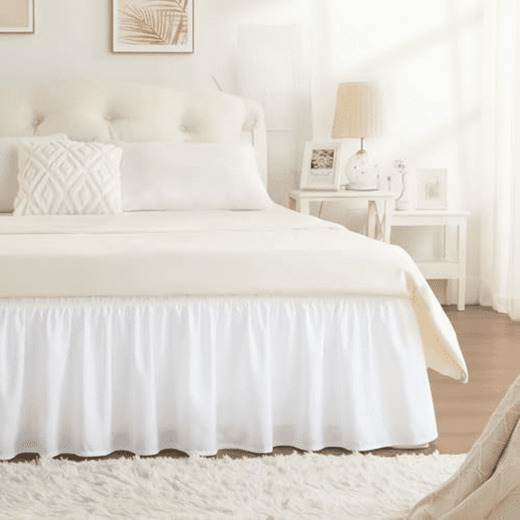 Queen Size 18-Inch Drop White Bed Skirt, Elastic Wrap-Around Dust Ruffle for Bed Frame, Lightweight Adjustable Bed Skirting Easy to Install