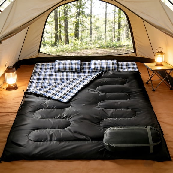 Queen Size 2-Person XXL Double Sleeping Bag for Adults - Lightweight Warm Thermal Bedroll with 2 Pillows, Synthetic Suitable for Couples, Family Camping, Hiking, Use, Outdoor Gear for Weather