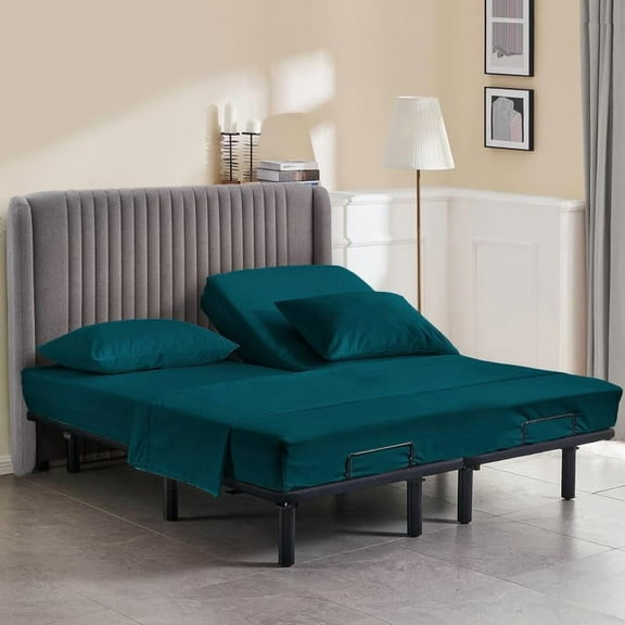 Queen Size 28" Split Top Flex Head 4-PCs Sheet Set Fits 25-30" Deep Pocket, 500-TC Egyptian Cotton (Solid, Teal)