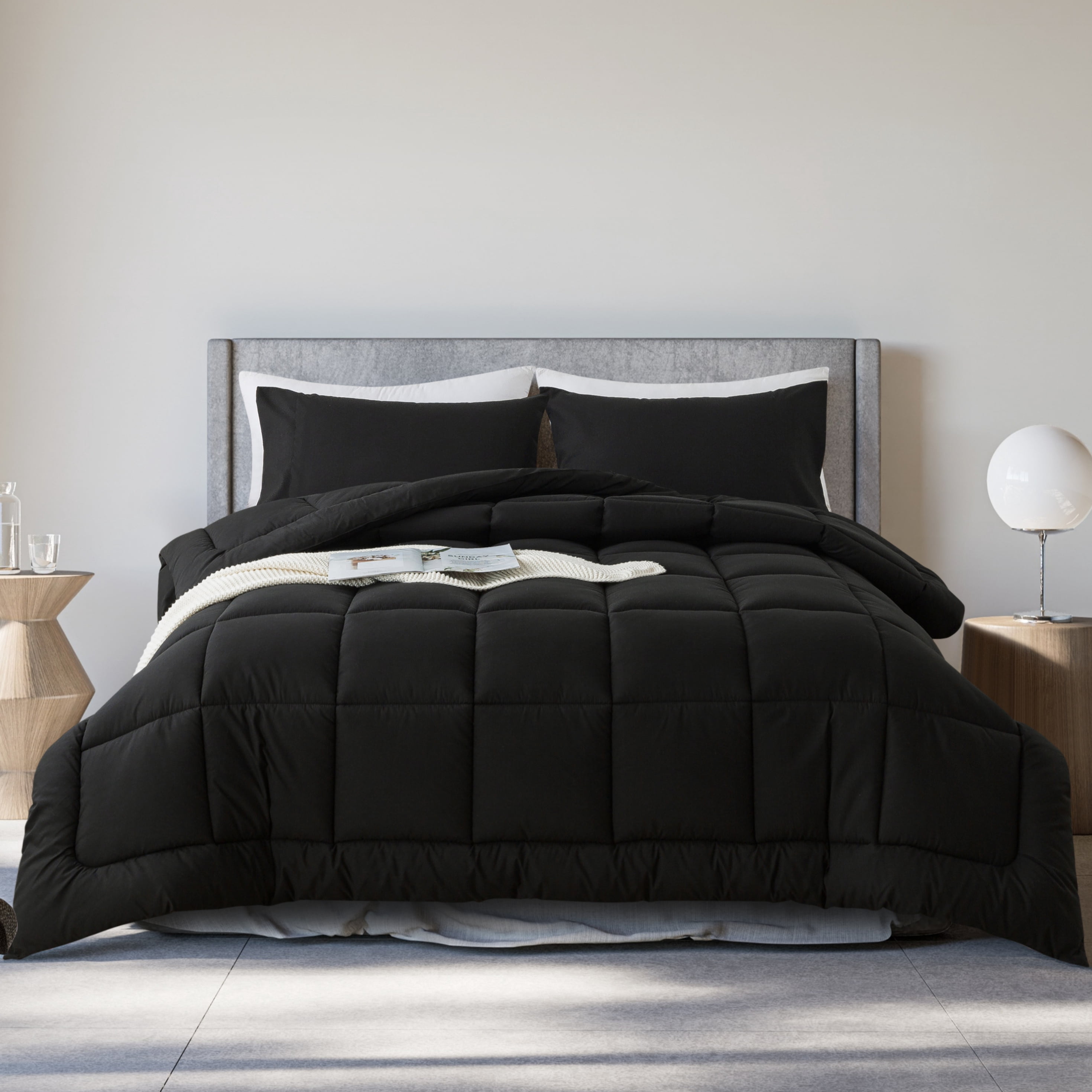 KINMEROOM Queen Size 3-Piece All-Season Down Alternative Comforter Set Deep Black (Comforter and Pillowcase Bedding Set)