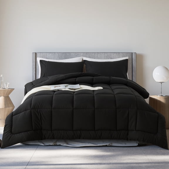 KINMEROOM Queen Size 3-Piece All-Season Down Alternative Comforter Set Deep Black (Comforter and Pillowcase Bedding Set)