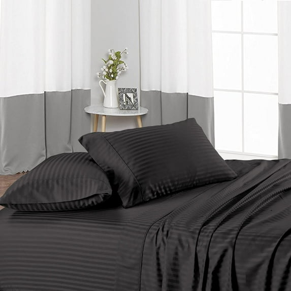 Queen Size 3 Piece Duvet Cover with 4 Piece Sheet Set - 7 Piece 100% Egyptian Cotton - Zipper Closure Quilt Cover with 14" Deep Pocket Fitted Sheet - 400TC Bedding - Dark Grey Stripe.