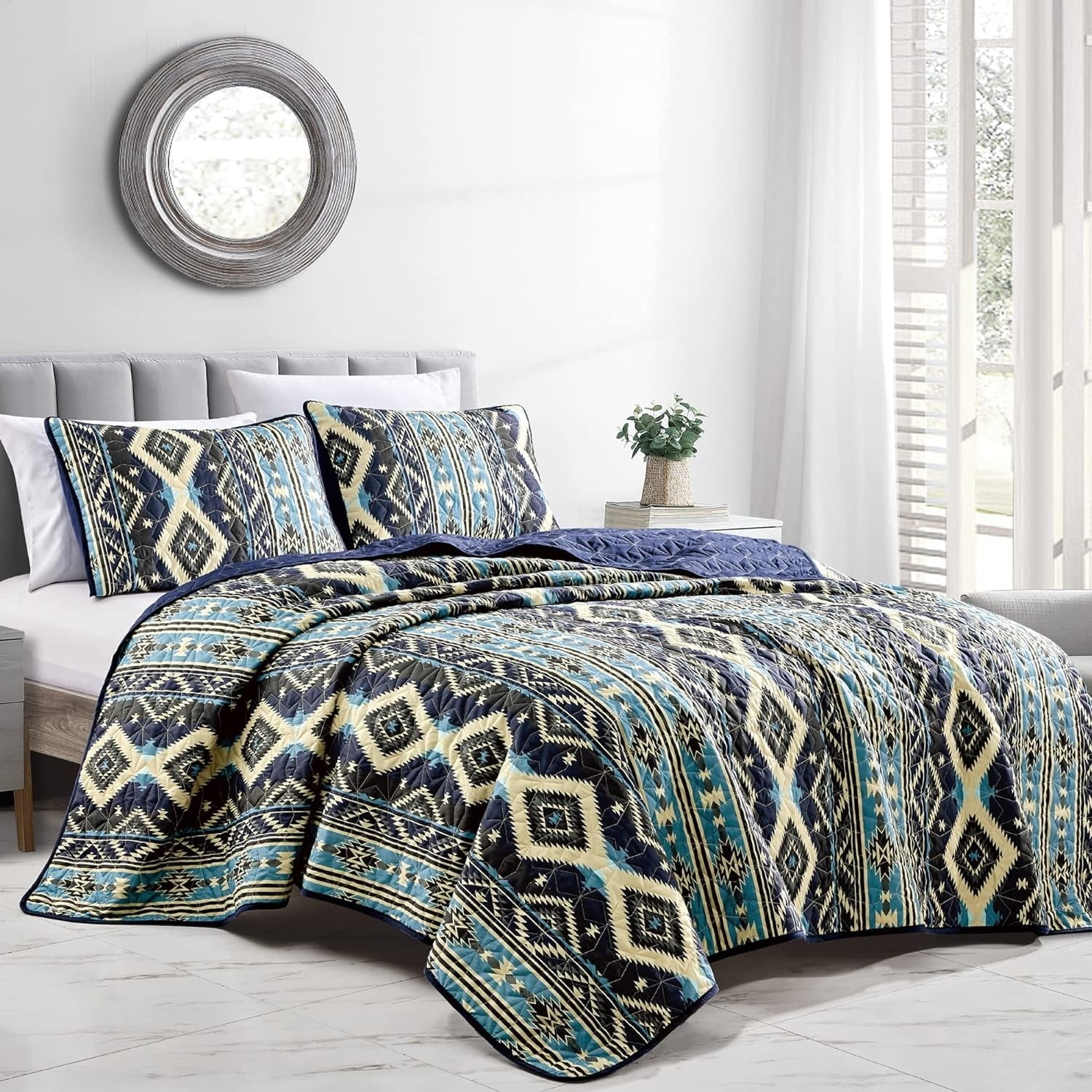 Queen Size Blue and Beige Reversible Polyester Quilt Set