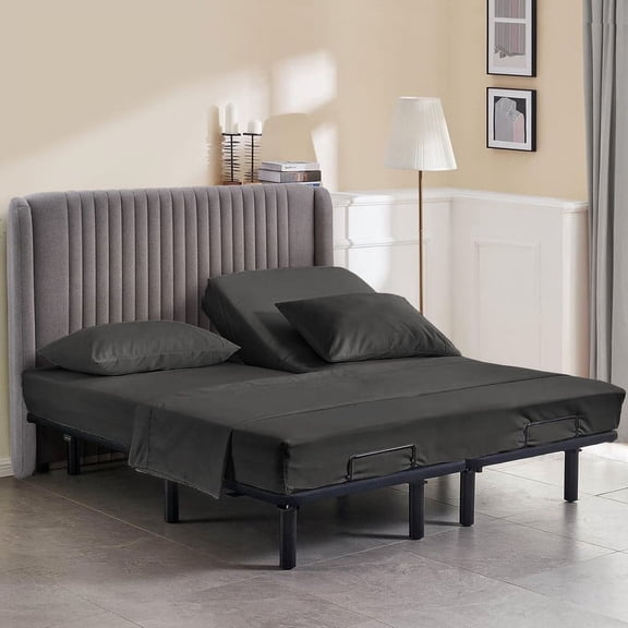 Queen Size 30" Split Top Flex Head Sheet Set - 100% Microfiber, Adjustable Bed, 4-Piece Set, 15" Deep Pockets Color Dark Gray Solid