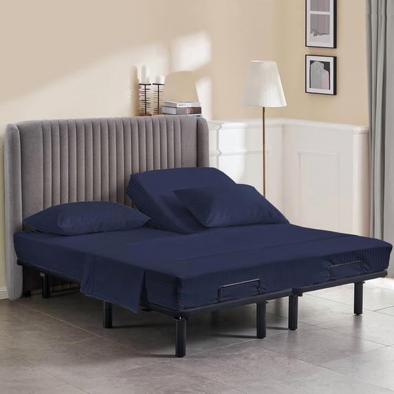 Queen Size 32" Split Top Flex Head 4-PCs Sheet Set Fits 14-18" Deep Pocket, 500-TC Egyptian Cotton (Stripe, Navy Blue)