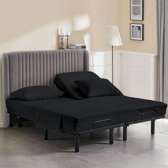 Queen Size 32" Split Top Flex Head 4-PCs Sheet Set Fits 7-12" Deep Pocket, 500-TC Egyptian Cotton (Solid, Black)