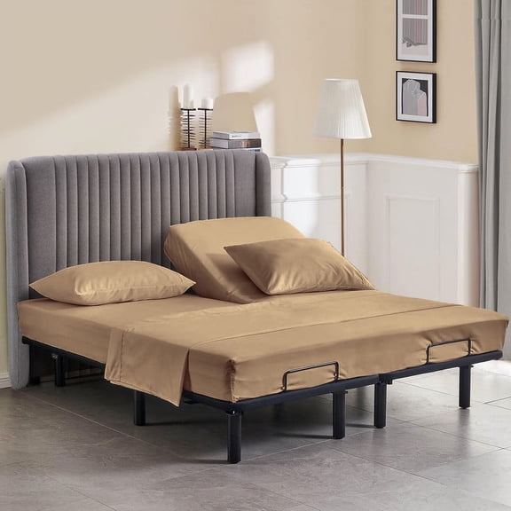 Queen Size 32" Split Top Flex Head Sheet Set - 100% Microfiber, Adjustable Bed, 4-Piece Set, 15" Deep Pockets Color Taupe Solid