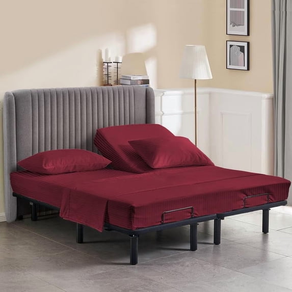 Queen Size 34" Split Top Flex Head 4-PCs Sheet Set Fits 7-12" Deep Pocket, 500-TC Egyptian Cotton (Stripe, Burgundy)