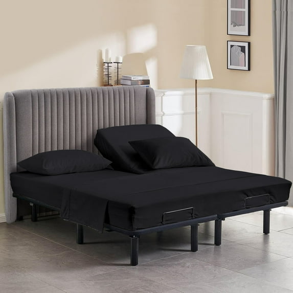 Queen Size 36" Split Top Flex Head Sheet Set - 100% Microfiber, Adjustable Bed, 4-Piece Set, 15" Deep Pockets Color Black Solid