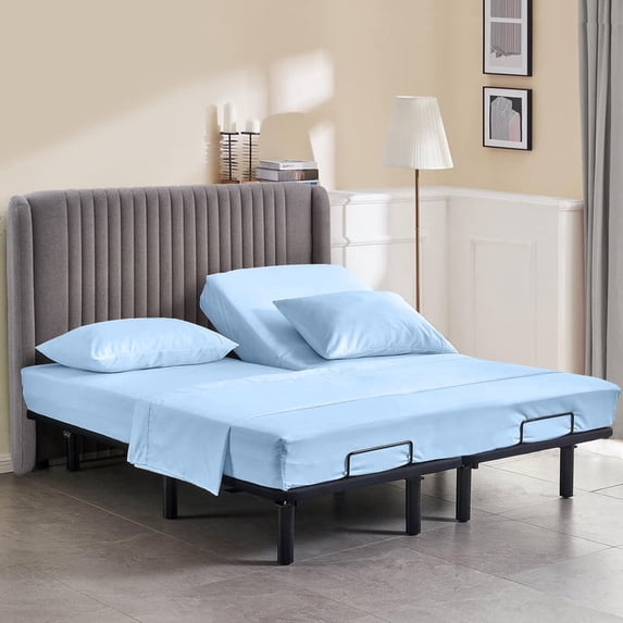 Queen Size 39" Split Top Flex Head Sheet Set - 100% Microfiber, Adjustable Bed, 4-Piece Set, 15" Deep Pockets Color Light-blue Solid