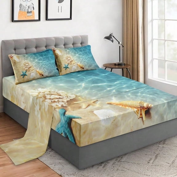 Queen Size 4 Pcs Bed Fitted Sheet Set with 14 Deep Pocket Summer Seashell Beach Flat Sheet Set for and Adults Blue Sea Shell Animal Bedding with 2 Pillowcases for Bedroom Decor