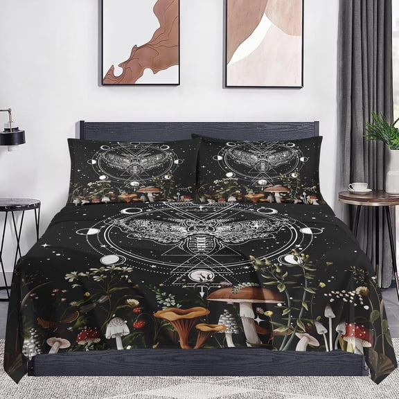 Queen Size 4 Pcs Bed Fitted Sheet Set with 14" Deep Pocket, Vintage Mushroom Wildflower Flat Sheet Set for Kids and Adults, Moth Dead Moon Bedding with 2 Pillowcases