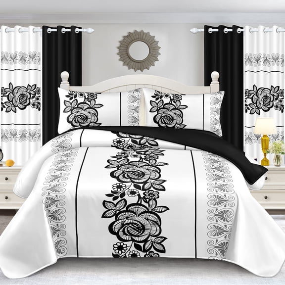Queen Size 4-Piece Bamboo Filled Bedding Set, Black & White Lace Floral All Season Duvet Cover & Fitted Sheet Set, Machine Washable for Bedroom Decor