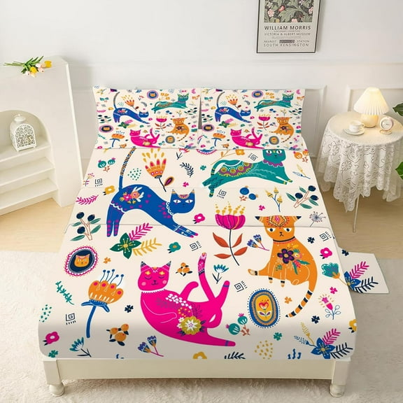 Queen Size 4-Piece Cute Cats Sheet Set - Kawaii Cartoon Floral Print Bedding for Girls, Kids & Teens - Includes Fitted Sheet, Flat Sheet & 2 Pillowcases