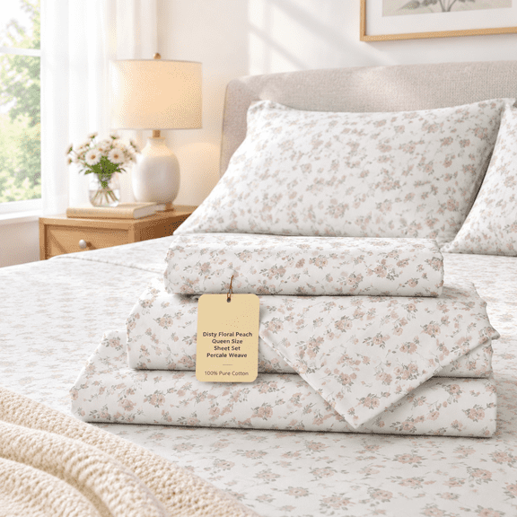 Queen Size 4-Piece Ditsy Floral Peach Print 100% Cotton Percale Bed Sheet Set